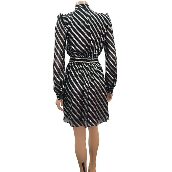 MICHAEL Michael Kors Metallic Stripe Silk Jacquard Black Silver Mini Dress 2 - Picture 8 of 8